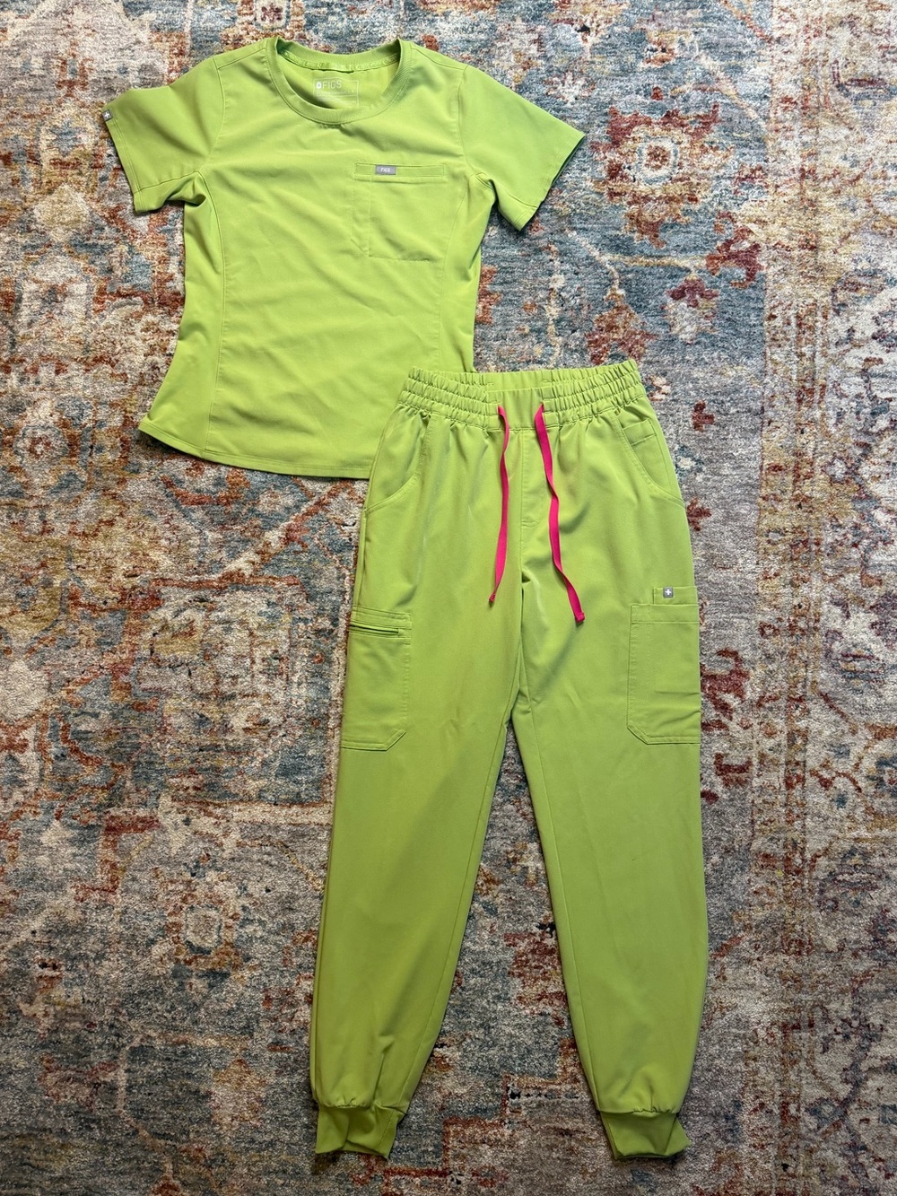 FIGS matcha Green Scrub Set with Pink Drawstring